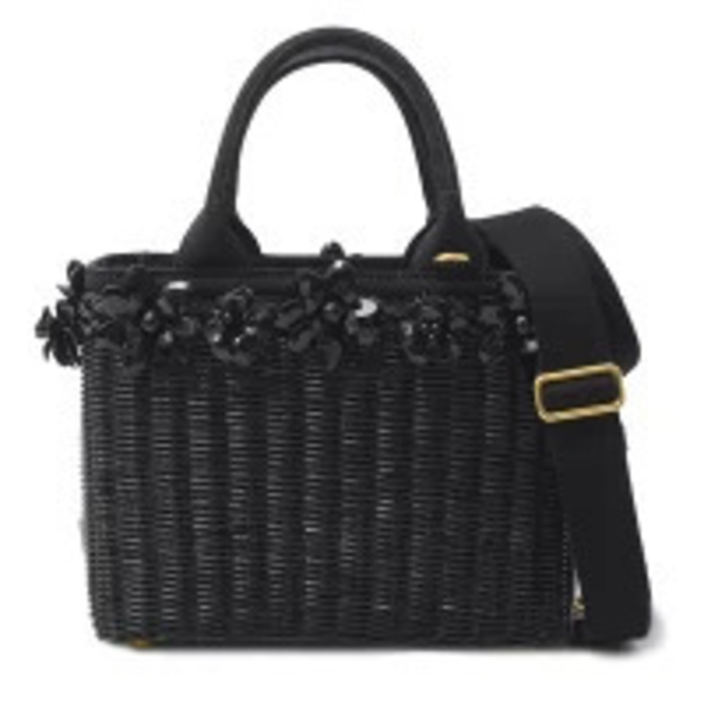 Prada Straw Tan Bag Flowers Basket Handbag Shoulder Black